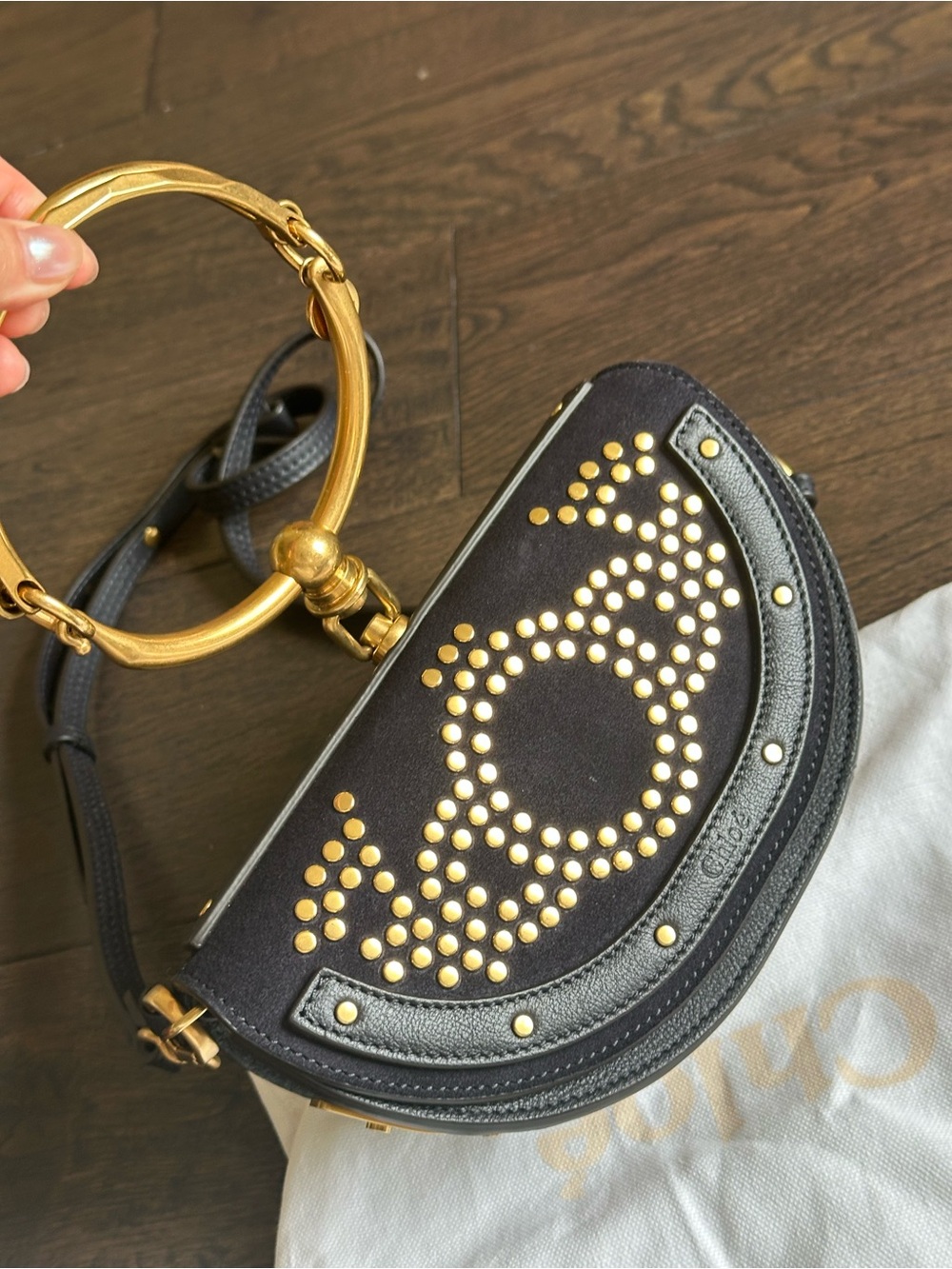Chloe Nile Suede Dark Blue Navy Studded Bracelet Cross Bag